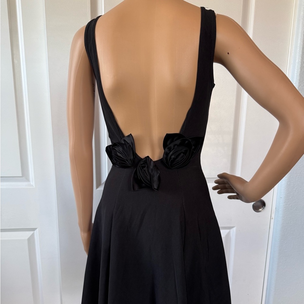 VINTAGE 90s Judy’s Black Backless Skater Dress with Origami Floral Accents 7 PS